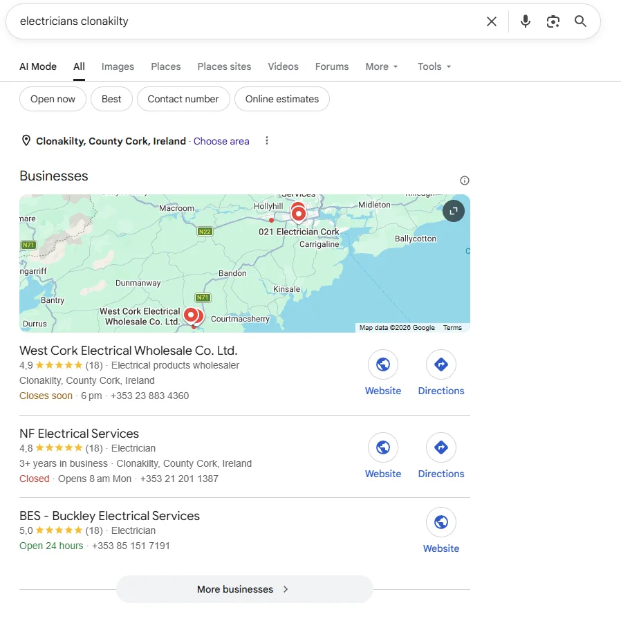 A Google search for electricians in Clonakilty, showing a map and three local businesses listed beneath it.